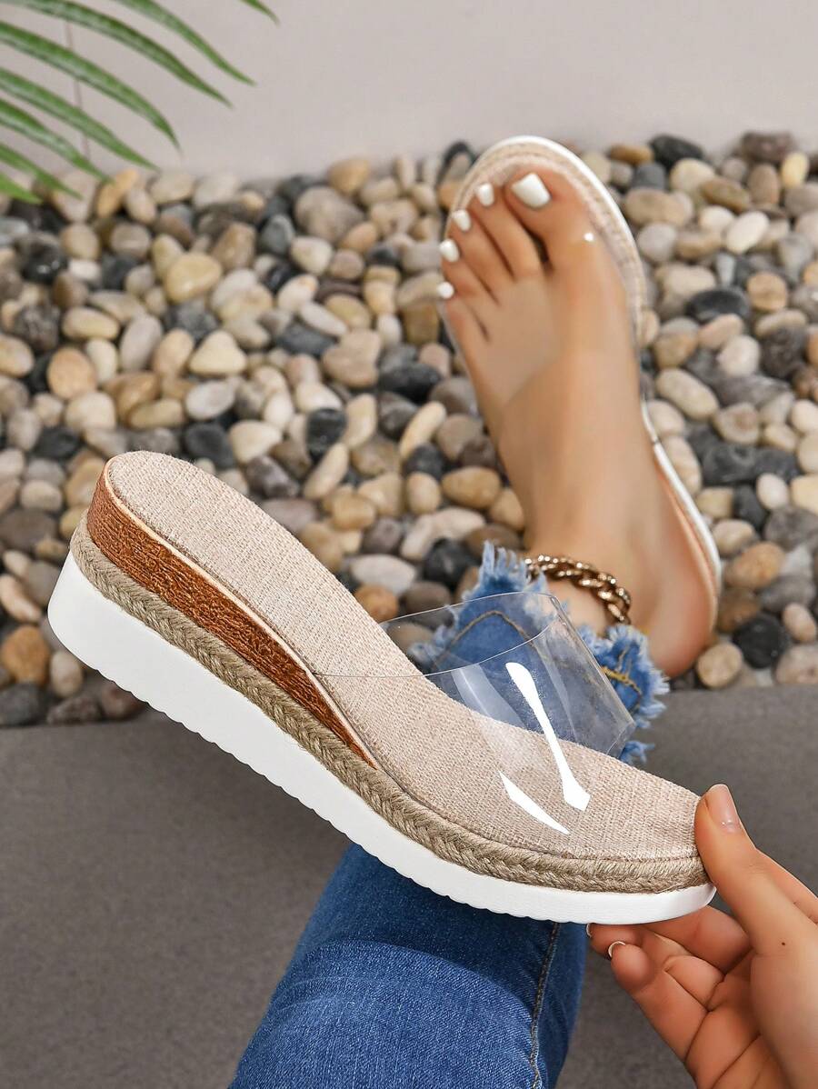 女士坡跟厚底绳底露趾透明拖鞋，透明休闲一脚蹬凉鞋，沙滩轻便拖鞋 - 無色 - 查看 1