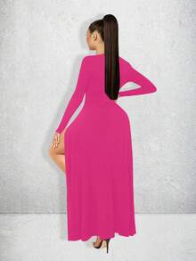 Vestido Largo Con Abertura en Pierna, Manga Larga, Escote V Maria Bela Modelo Rosetta - Rosa Fucsia - Ver 2