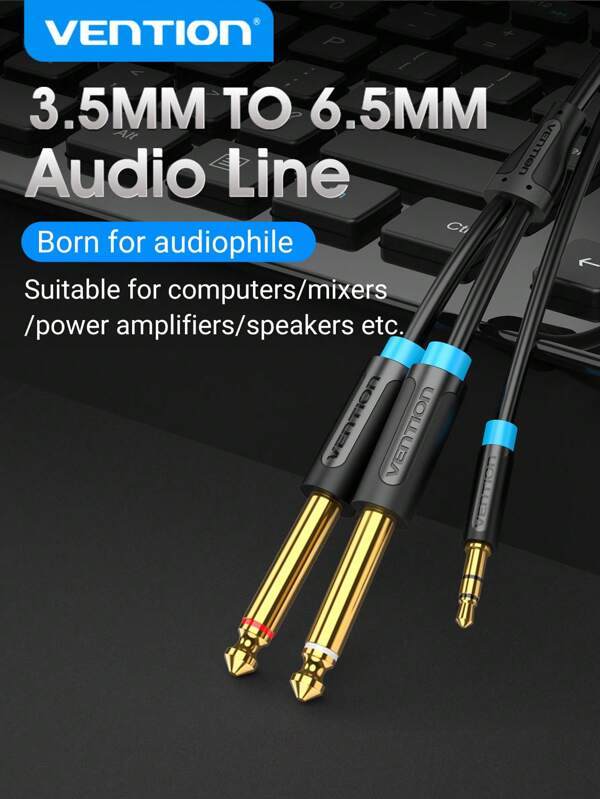 VENTION 3.5mm To 6.35mm Mono 3.5mm To Dual 6.35mm, 1/4 To 1/8 Inch Male-To-Male Audio Splitter Gold-Plated Cable For Digital Mixer, Recorder, Guitar, Amplifier