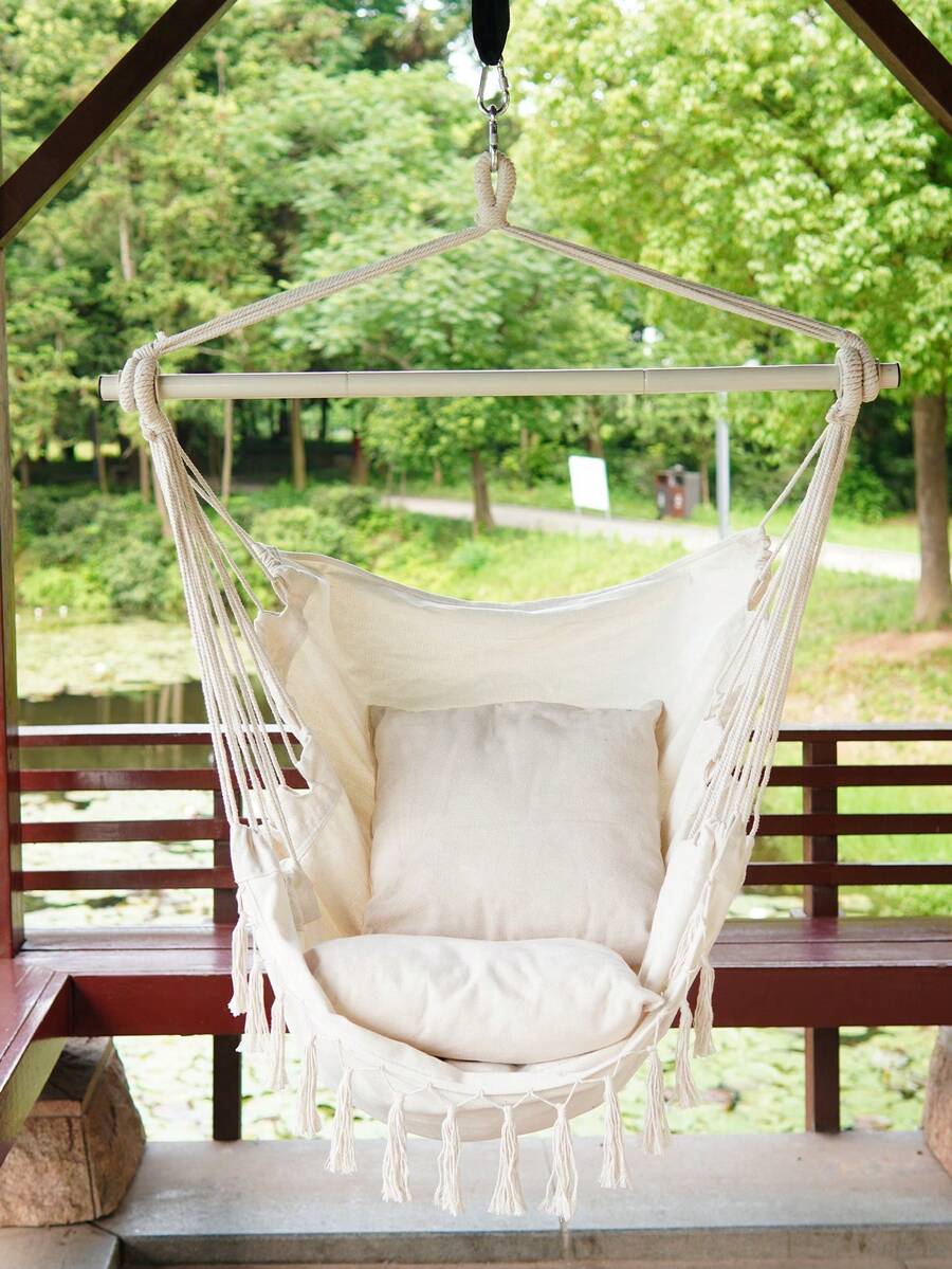 1pc Outdoor Garden Oversized Hammock Hanging Chair Swing Tassel Hammock Detachable Iron PipeSuitable For Outdoor Camping, Home Use, Indoor And Outdoor Rocking Chairs, Cradles Camping Stuff