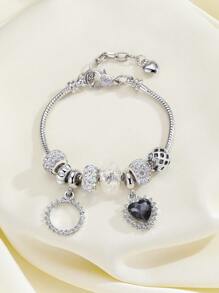 1入女性魅力手鍊，鑲嵌鋯石圓環和心形吊墜，柔軟陶瓷珠串成的線