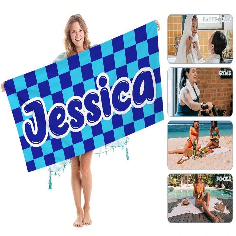 1入組個性化創意沙灘毛巾，個人化名字印刷吸水海灘毛巾，大尺寸夏季沙灘毯，適用於沙灘和游泳池派對，沙灘必備，可用圖片和文字定制 - 彩色 - 查看 1