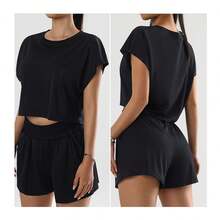 Women's 2 Piece Yoga Set, Workout Sportswear Set, Women's Solid Color Crop Top And Shorts Sports Set - Black - View 4