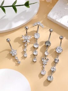 5 Stück Edelstahl gebogene Bauchpiercings mit Schmetterling, Herz- und Blumenförmigen Zirkonia-Anhängern als Piercingschmuck für Frauen, geeignet als Valentinstag-, Mutter-, Muttertags-Geschenk