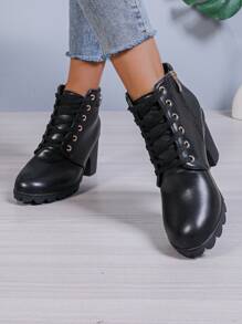 Giày cao đến mắt cá chân và bốt ngắn nữ, màu đen, buộc dây, dây kéo bên hông, giày cao gót, gót vuông, chất liệu PU - màu đen - Xem 5