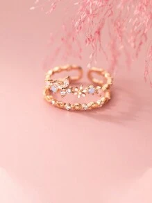 BALMORA 优雅甜美 S925 纯银人造蛋白石蝴蝶立方氧化锆戒指，双花开口戒指，精致珠宝，情人节送给女朋友的礼物 - 玫瑰金 - 查看 7