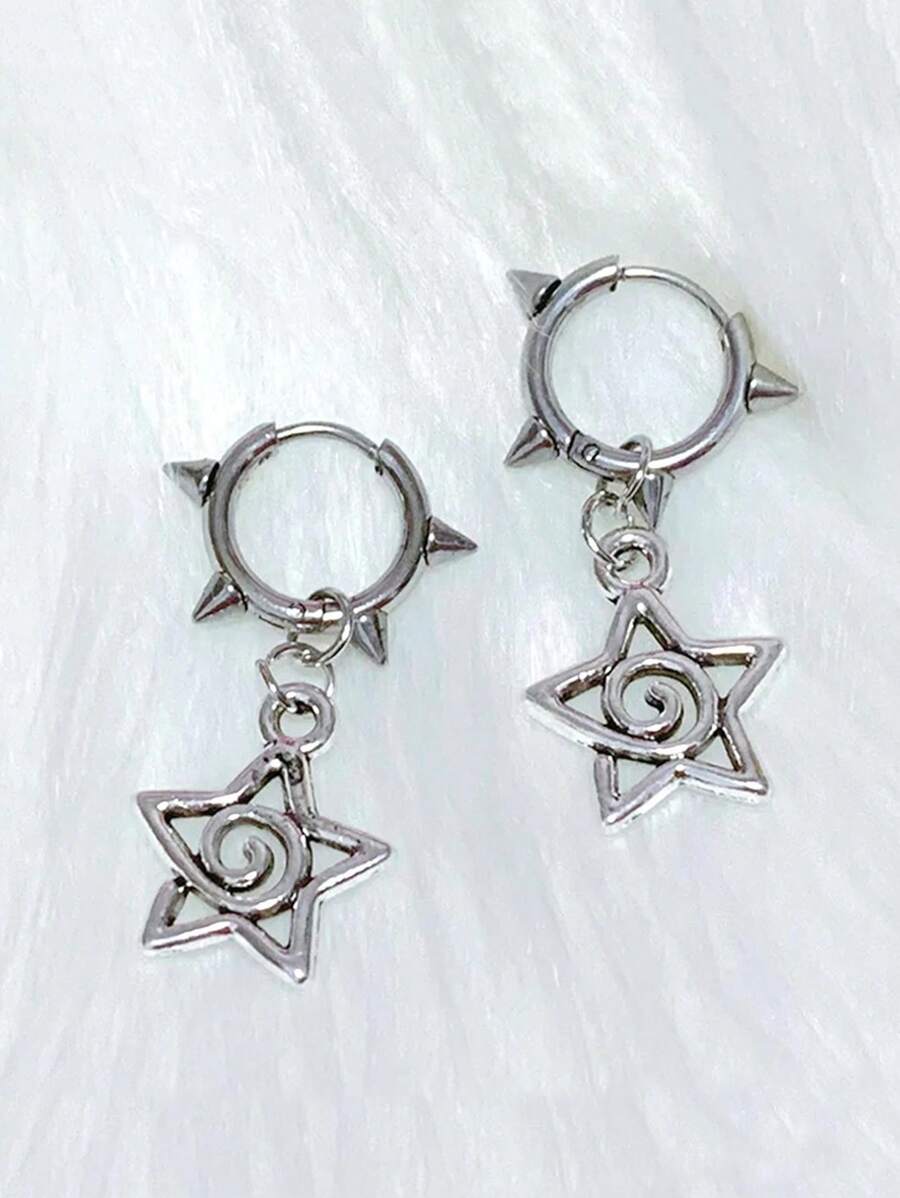 1pair Y2K Korean Fashion Star Swirl Earrings Gothic Charms Rivet Earrings For Women Punk Grunge Jewelry Vintage Accessories Cool Jewelry - Silver - View 1