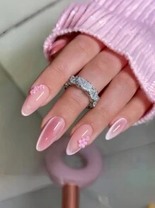 24入組法式粉色貓眼與小花紋設計人造指甲（附鑽石），杏仁形 + 1支果凍膠 + 1支指甲文件，即貼式指甲設計提供商 - 彩色 - 查看 2