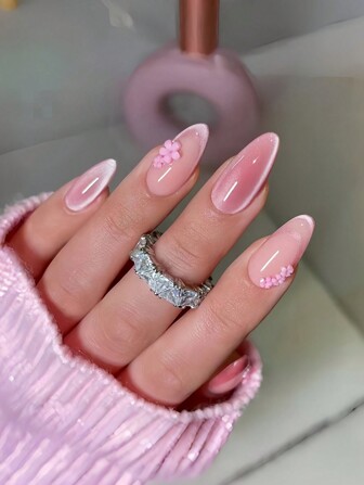 24pcs French Style Pink Cat Eye & Small Flower Design Artificial Nails With Rhinestones, Almond Shaped + 1pc Jelly Glue + 1pc Nail File Press On Nails Nail Supplies