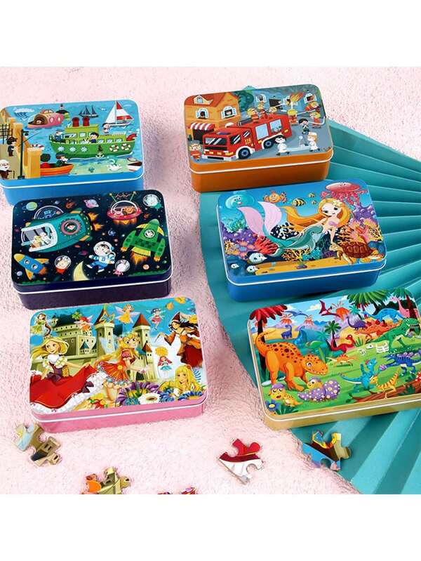 1 Iron Box 100 Pieces Of Wooden Jigsaw Puzzle Puzzle Children's Puzzle Baby 3+ Years Old Cartoon Wooden Early Education Toys, Suitable For Boys And Girls As Gifts,Puzzle,Jigsaw Puzzle,Puzzles,Puzzle 1000,1 Year Old Toy,Girls Puzzle