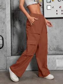 Women's Cargo Pants, High Waist, Elastic With Lycra, With Side Pockets, Sophisticated, Blogger - 鏽棕色 - 查看 4