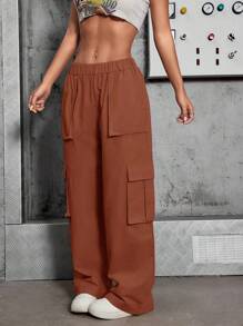 Women's Cargo Pants, High Waist, Elastic With Lycra, With Side Pockets, Sophisticated, Blogger - 鏽棕色 - 查看 5