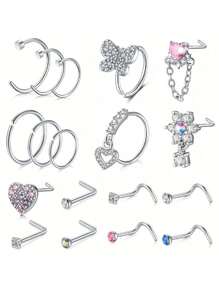 18PCS 18G 20G Stainless Steel Nose Rings Nose Studs Nose Rings Studs Nose Rings Hoops For Women Nose Piercings Studs Nose Piercing Jewelry Nose Rings Studs Dangle Stainless Steel L Shaped Corkscrew Cute Heart Sun Flower Star Butterfly Nose Rings Nose Piercing Jewelry Nose Stud Ring Nose Screw Rings Studs Nose Rings For Women Nose Screw Studs Nostril Nose Piercing Jewelry Valentines - Nose Rings Studs - 查看 8