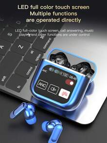 Pancoat 蓝色液晶屏防噪无线耳机，带全彩触摸屏和 ANC，智能屏幕商务耳机 - 藍色 - 查看 3