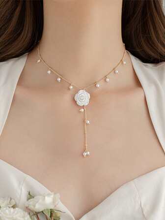 topshiny 1 件韩国优雅玫瑰花流苏项链，奢华小众风格，人造珍珠吊坠，适合女士情人节