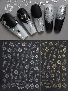 2張3D金銀色木棉花指甲貼紙，夏季裝飾金銀色花朵指甲貼紙，熱帶葉子滑片美甲箔 DIY - 彩色 - 查看 3