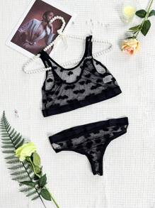 Black Sexy Sheer Mesh Heart Printed Lingerie Set With Floral Pattern For Rave - Black - View 8