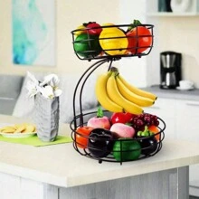2層金屬網水果籃，帶有一個香蕉掛鉤 - 廚房檯面水果和蔬菜收納（黑色，2層） - 黑色 - 查看 4