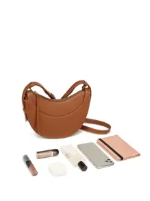 Crescent-Shaped Brown Saddle Bag For Women, Crossbody Shoulder Handbag, Textured Leather Phone Pouch