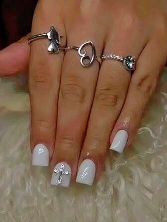 24pcs White Square Cross Design Press-On Nails, Minimalist & Fashionable, Suitable For Daily, Business, Dates, Parties, Birthdays, Reusable