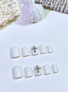 24 Peças Unhas Postiças Quadradas Brancas com Design de Cruz, Minimalista e Elegante, Adequadas para Uso Diário, Trabalho, Encontros, Festas, Aniversários, Suprimentos de Unhas Reutilizáveis - Branco - Visão 3
