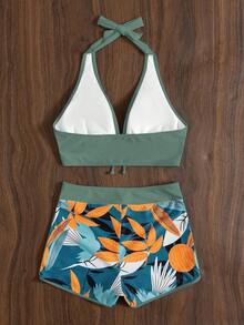 Conjunto de Baño de Dos Piezas para Mujer con Protección Solar, Manga Larga, Cremallera Frontal, con Pantalones Cortos. Bañador Separado para Mujer, Bañador de Dos Piezas de Manga Larga, Top de Playa, Pantalones Cortos con Cintura Elástica. Bañador de Dos Piezas para Mujer, Top de Baño de Manga Larga con Cremallera, Pantalones Cortos. Diseño Floral de Manga Larga, Adecuado para la Playa en Verano y Otros Escenarios. " - Verde Lima - Ver 4