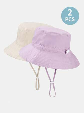 2pcs Kids Solid Color Sun Hat With Adjustable Printing, Breathable And Sunscreen, Suitable For Outdoor And Daily Use