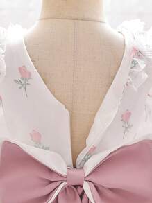 女婴方领碎花蝴蝶结闪亮薄纱可爱花童礼服，适合生日派对、旅行、度假，不含头饰 - 白色 - 查看 8