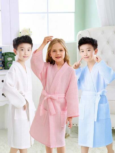 1pc Waffle Children Bathrobes, Soft & Absorbent Kids Kimono Robe For Spring/Summer Swimming & Bathing, Loose Fit, White/Pink/Blue, Bathroom & Home Essentials Summer, Holiday