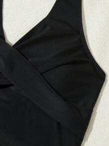 Summer Beach Solid Color Halter Neck Top With Drawstring Side Short Bottoms, 2pcs Tankini Swimwear Set