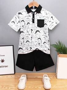 Young Boy Casual Jurassic Dinosaur Theme Printed Short Sleeve Polo Shirt And Solid Color Shorts Set - 黑與白 - 查看 1