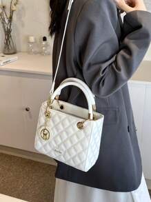 High-Capacity Women Shoulder Bag With Embroidered Rhombus Pattern, Luxury And Elegant White Handbag For Women, Can Be Carried Diagonally, Business Casual Women Bag, Perfect For Office, Business And Work, Business Casual Woman Bag Perfect For Office Business And Work - White - View 6