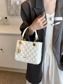 High-Capacity Women Shoulder Bag With Embroidered Rhombus Pattern, Luxury And Elegant White Handbag For Women, Can Be Carried Diagonally, Business Casual Women Bag, Perfect For Office, Business And Work, Business Casual Woman Bag Perfect For Office Business And Work - White - View 3