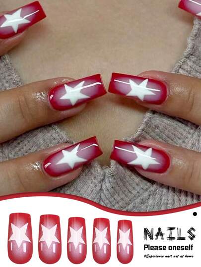 Get Charm グラデーション デザインのネイル セット 24枚入り、赤と白 色合わせ、シンプルスタイル、五角形星デザインのニュートラルなプレスオンネイル、ジェリーのりとキューティクルスティック含む、パーティ、ダンス、デイリーウェアに適しています。