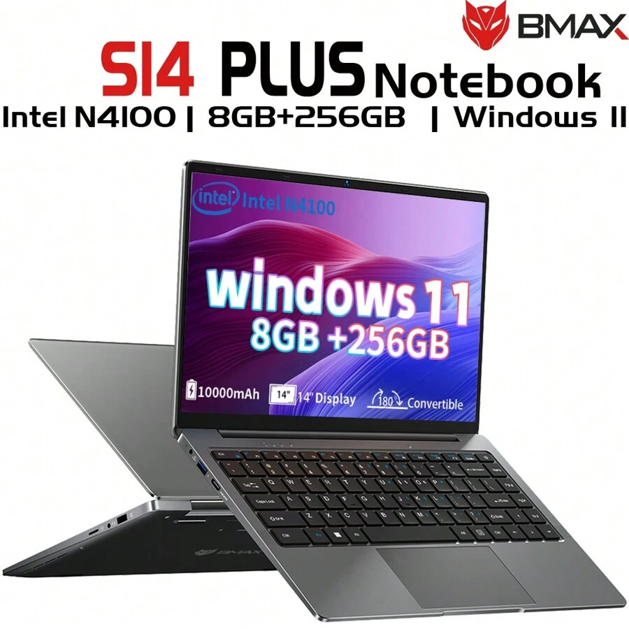 BMAX S14 Plus Laptop Windows 11 / MaxBook 8GB LPDDR4 RAM+256GB SSD 14inch 1920*1080 FHD IPS Display / Intel N4100 CPU /10000mAh/ 2.4GHz/5GHz Dual Band WiFi / Webcam And Built-In MIC - EU C Type Plug(220-240V) - View 1