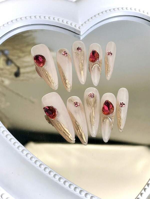 10pcs Handmade Nail Art Rose Garden Lovely White-Washing Design, Suitable For Party, Outing Or Festival, Detachable False Nails Stickers Press On Nails Nail Supplies