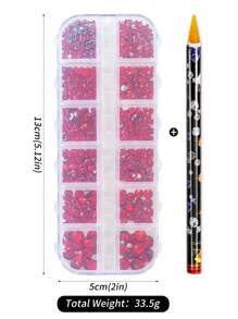 12-Grid/Box Nail Rhinestones Red Nail Gems Rhinestones 2/3/4/5Mm For Flat-Back Rhinestones Crystal Gems With Free-1Pc Rhinestones Picker Wax Pen Diy Nail Charms Nail Supplies Nails - Red - View 6