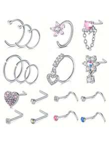 18PCS 18G 20G Stainless Steel Nose Rings Nose Studs Nose Rings Studs Nose Rings Hoops For Women Nose Piercings Studs Nose Piercing Jewelry Nose Rings Studs Dangle Stainless Steel L Shaped Corkscrew Cute Heart Sun Flower Star Butterfly Nose Rings Nose Piercing Jewelry Nose Stud Ring Nose Screw Rings Studs Nose Rings For Women Nose Screw Studs Nostril Nose Piercing Jewelry Valentines - Nose Rings Studs - 查看 7
