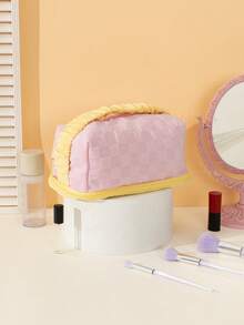 Multipurpose Cosmetic Bag With Large Capacity, Double-Layered, Highly Attractive Puff Cream Toast Design, Portable Pillow Shape, Suitable For Women At Home And On Travel - Multicolor - View 3
