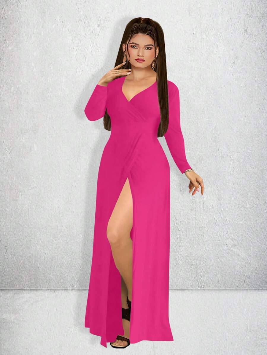 Vestido Largo Con Abertura en Pierna, Manga Larga, Escote V Maria Bela Modelo Rosetta - Rosa Fucsia - Ver 1