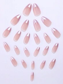 24入組裸色杏仁形法式邊緣可穿戴珍珠紫色假指甲，優雅簡約歐洲風格，適合日常穿戴。附帶1支指甲文件和1支果凍膠。按壓式假指甲器材 - 紫丁香色 - 查看 5