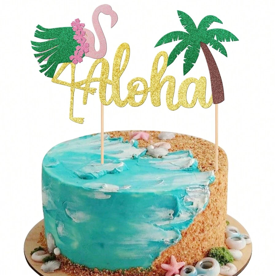 1 Pc Aloha Cake Topper Glitter Aloha Cake Pick Palm Tree Flamingo Cake Decoration For Summer Hawaiian Luau Tropical Aloha Theme Birthday Party Cake Decorations Supplies - Multicolor - View 1