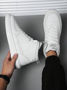 Zapatillas altas casuales de moda y simplicidad para mujeres, adecuadas para adolescentes y estudiantes, zapatos para mujeres transpirables y cómodos para exteriores y antideslizantes, estilo deportivo de plataforma para parejas - Blanco - Ver 9