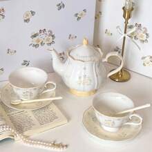 1套250ml山茶花毛絨貓陶瓷杯和茶碟套裝，適用於咖啡和下午茶，法式復古風格，不含匙羹 - 白色 - 查看 4