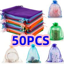 50pcs Colored Organza Gift Bags, Assorted 5 Colors, Gift Packaging Supplies, Drawstring Ribbon Closure Candy Bags, Baking & Jewelry Packaging Gift Bags, Event & Party Supplies Netting Gift Bags, Suitable For Various Events & Parties, Festivals, Celebrations, Outdoor Parties, All Seasons, Can Also Be Used As Insect-Proof Bag For Fruits, Christmas - Multicolor - View 9