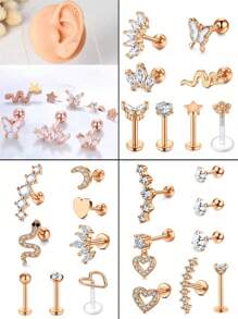 CIZME 1 Set (8 piezas) Pendientes de cartílago para mujeres, pendientes de moda para perforaciones de hélice y trago, fabricados en acero inoxidable con cristal artificial, circonita cúbica y aro labial, colores disponibles: plateado, dorado, rosa dorado y negro