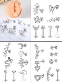 CIZME 1 Set (8 piezas) Pendientes de cartílago para mujeres, pendientes de moda para perforaciones de hélice y trago, fabricados en acero inoxidable con cristal artificial, circonita cúbica y aro labial, colores disponibles: plateado, dorado, rosa dorado y negro