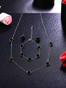 1set Fashionable High-End Five-Petal Flower Design Necklace, Earrings, Bracelet 4pcs Set Valentines - Three Piece Black - View 2