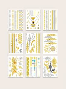 9pcs Gold Metallic Temporary Tattoo Stickers For Women - Boho Vintage Glitter Designs With Lace, Feathers, Butterflies, Mandalas & Patterns, Great For Parties And Everyday Wear