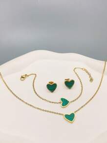 Conjunto de joyas para mujer de estilo bohemio de acero inoxidable, bañado en oro de 18 quilates, con colgante de concha verde en forma de corazón, pulsera y pendientes - Perfecto para uso diario, negocios, citas románticas, vacaciones, cumpleaños, Día de la Madre, San Valentín, regalos, fiestas y bodas, Mamá, Madre, Día de la Madre, Regalo